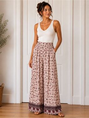 Paper Crane Wide Leg Floral Print Pants in Cream and Burgundy